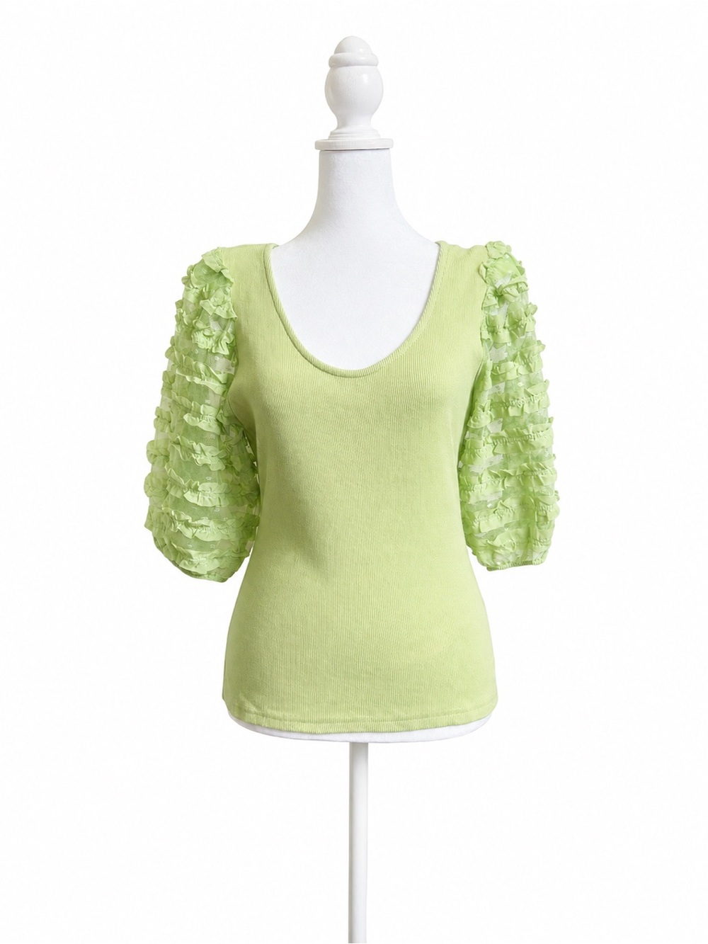 Dolan Left Coast Collection Green Ribbed Blouse Ruffle Mesh Sleeve Top M